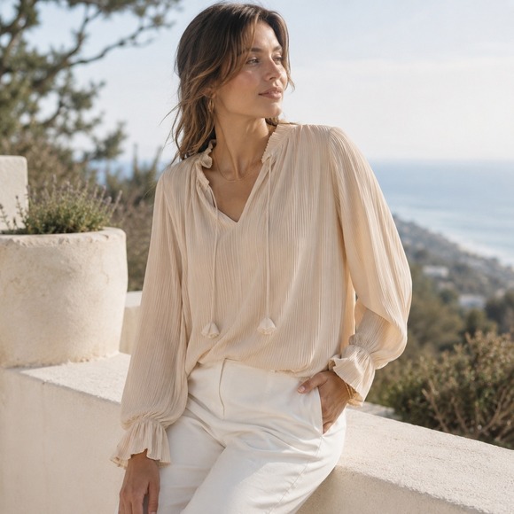 MISA Tops - MISA Los Angeles Blouse Womens XS Cream Pleated V-Neck Tie Tassel Ruffle Cuff